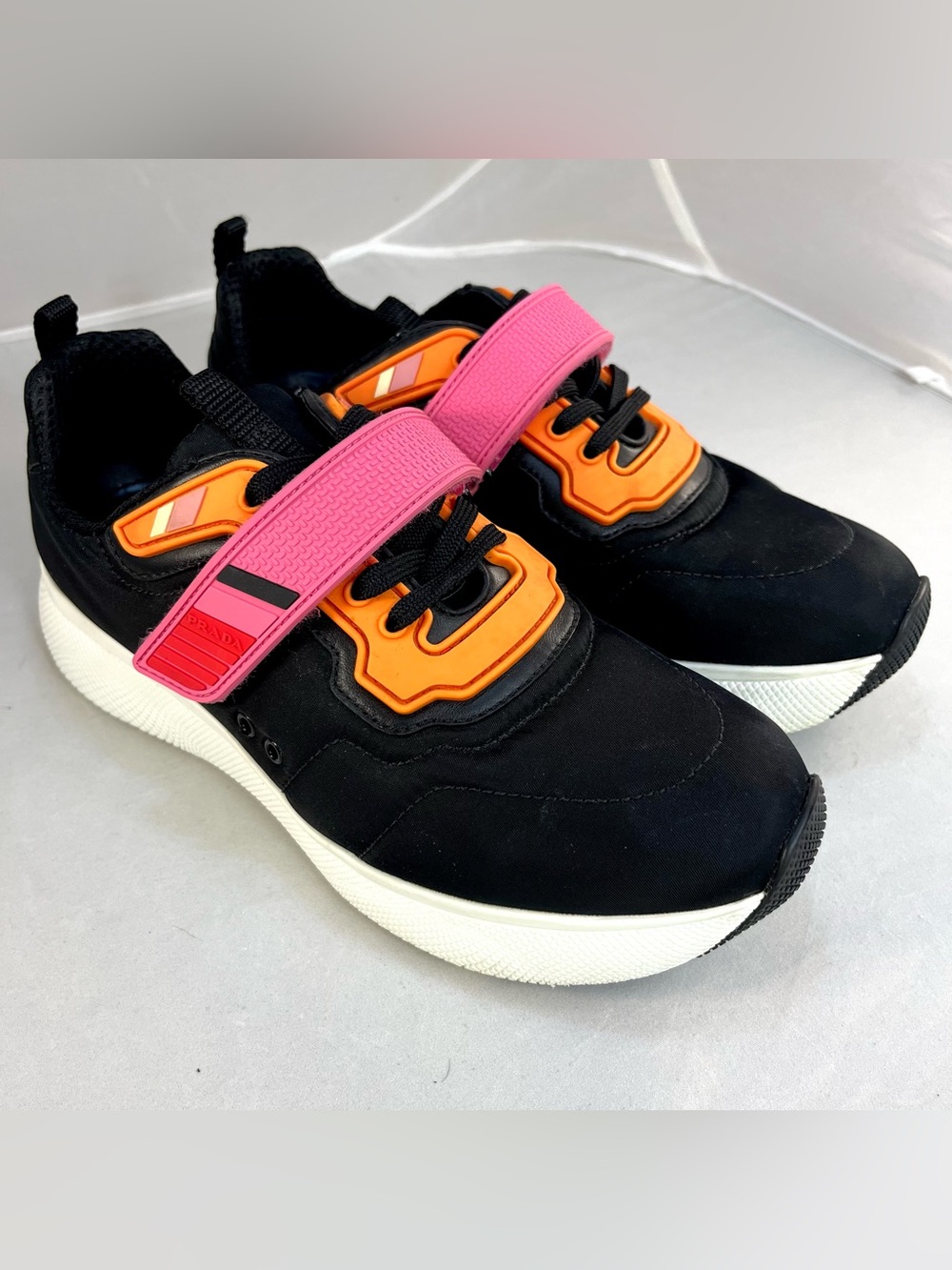 Prada Black Nylon Sneakers Pink Strap/Orange Detail Size EU 37.5 Authenticated